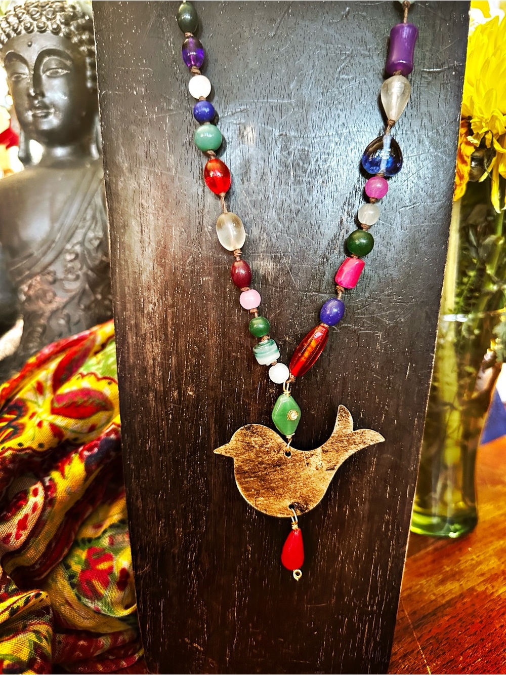 Brass Bird, Glass Knotted Unique Bead Necklace